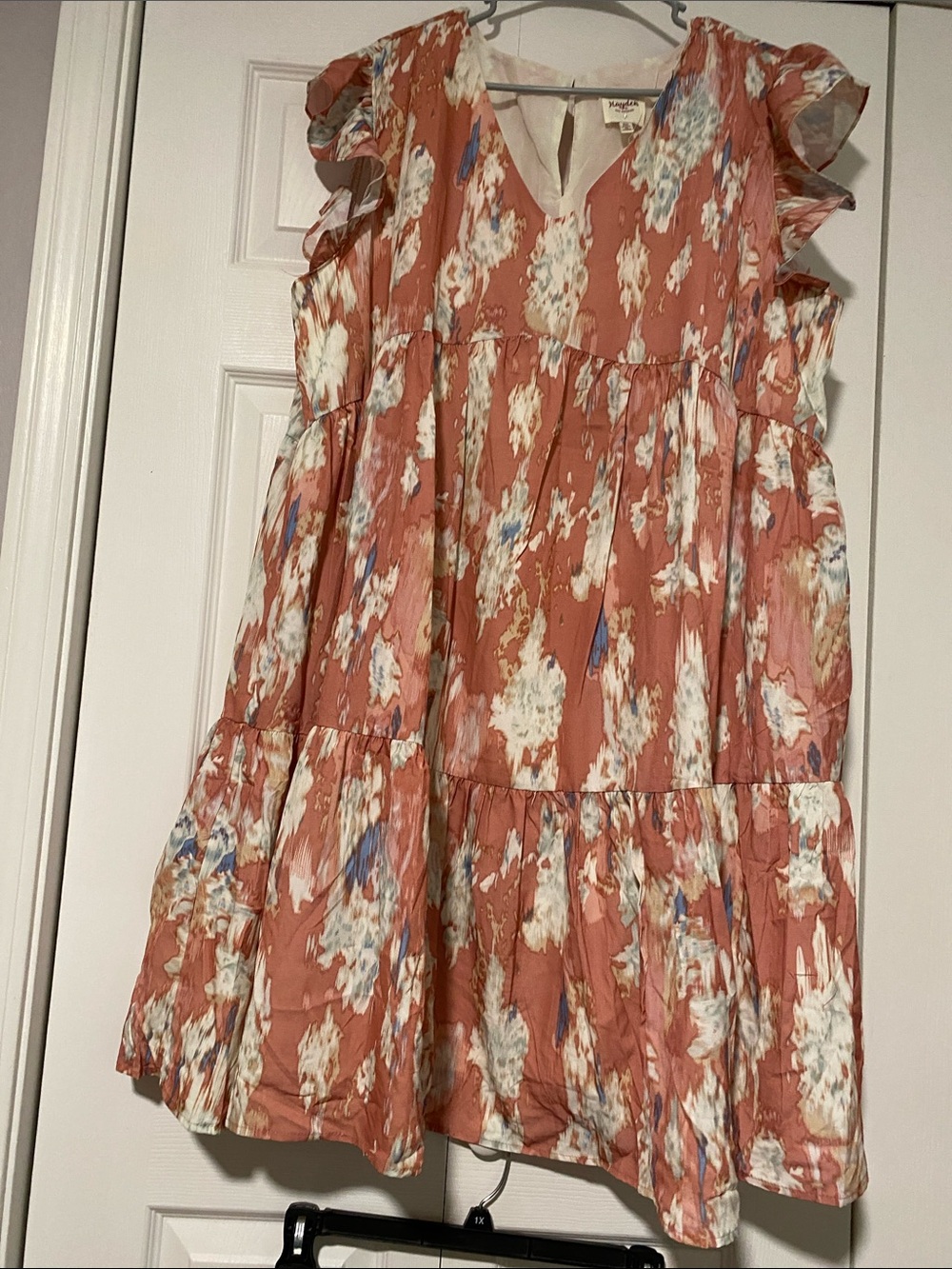 Tiered Floral Midi Dress in Coral with Ruffle Sleeves